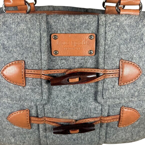 Kate Spade Quinn Wool Toggle Satchel Handbag with Leather Trim in Gray & Tan EUC - Picture 2 of 14